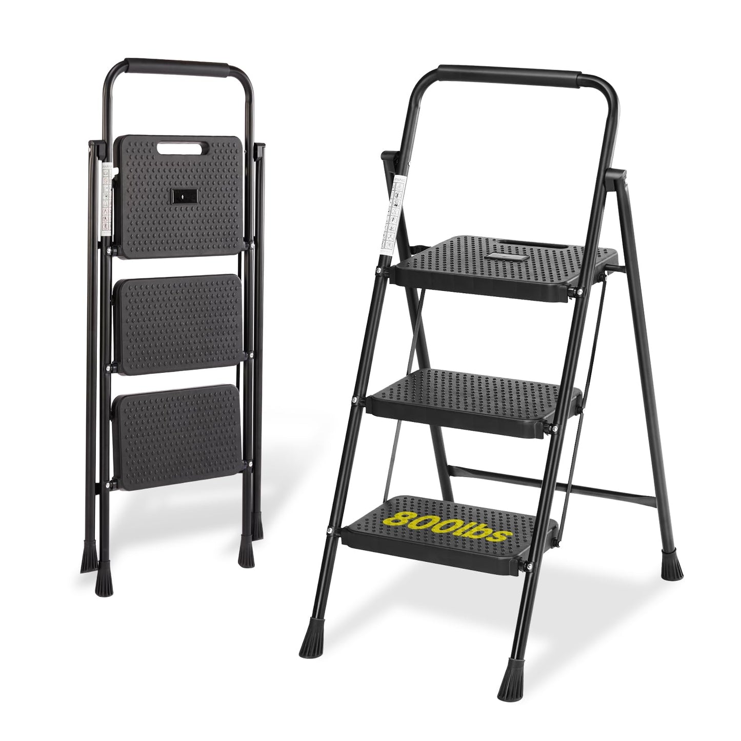 InfiniPower 3-Step Ladder, Heavy Duty, 800 lbs, Dark Brown Metal, Ready to Use, Foldable, Space-Saving, Non-Slip, Wide Platform