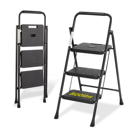 InfiniPower 3-Step Ladder, Heavy Duty, 800 lbs, Dark Brown Metal, Ready to Use, Foldable, Space-Saving, Non-Slip, Wide Platform