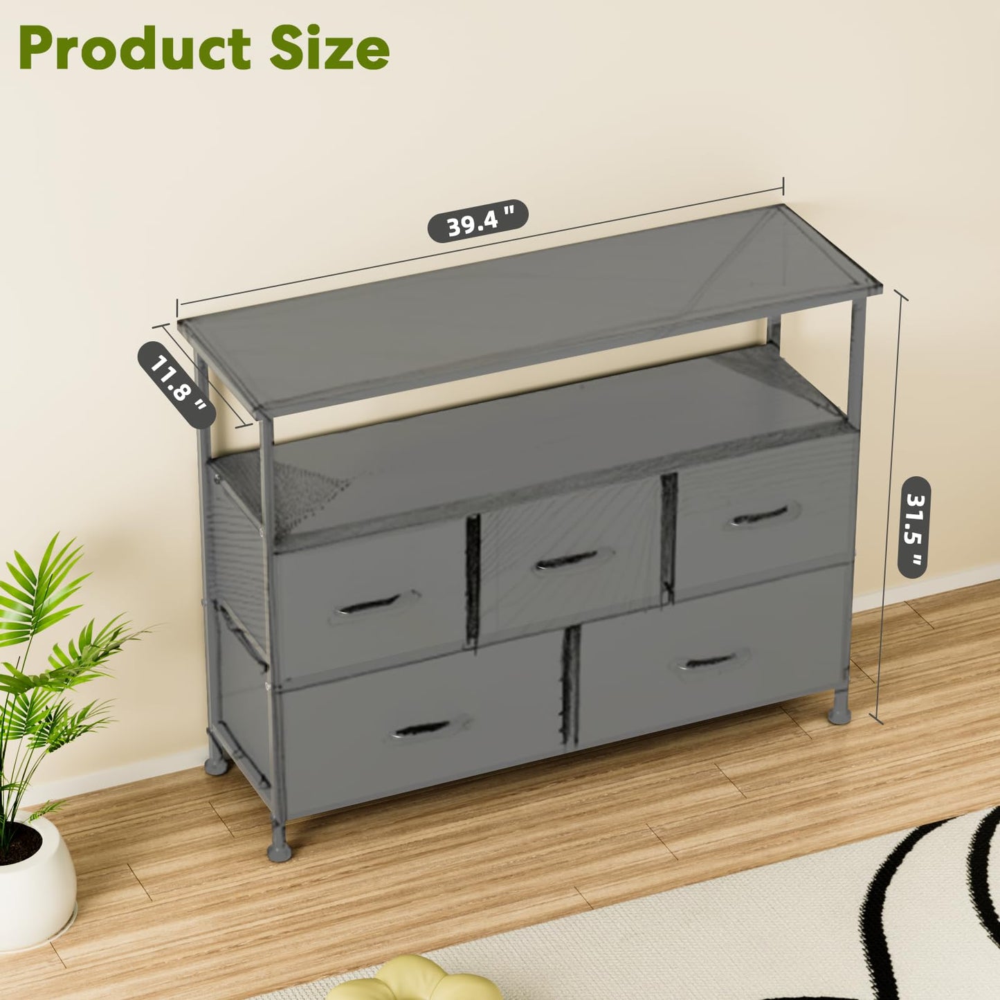 Simple Deluxe TV Stand Dresser for Bedroom Entertainment Center with 5 Fabric Drawers, Storage Organizers Units for Living Room, Media Console Table with Open Shelf up for 45" TV, Wood top