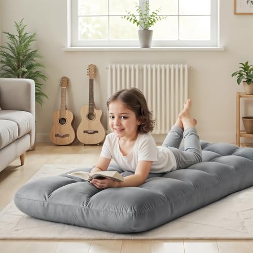 YSSOA Folding Floor Chair with Back Support Comfy Chair Recliner Memory Foam Padded Convertible Sleeper Sofa Chair for Bedroom Gaming Working Meditation Reading Adults Kids Grey
