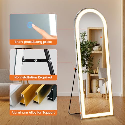 63"x20" Arched Full Length Mirror with LED Lights, Body Floor Mirror with Dimming & 3 Color Lighting, Mirror Full Lengthwith LED Lights for Home Wall Decor, Tall Arch Aluminum Frame for Bedroom