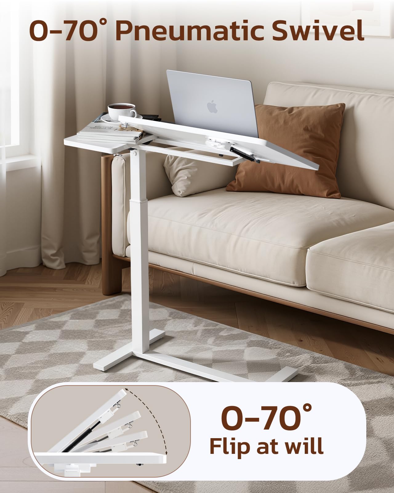 Simple Deluxe Adjustable Overbed Bedside Table with Wheels, Rolling Laptop Table, Pneumatic Adjustable Hospital & Home Use Bed Table, Mobile Standing Desk, Brown