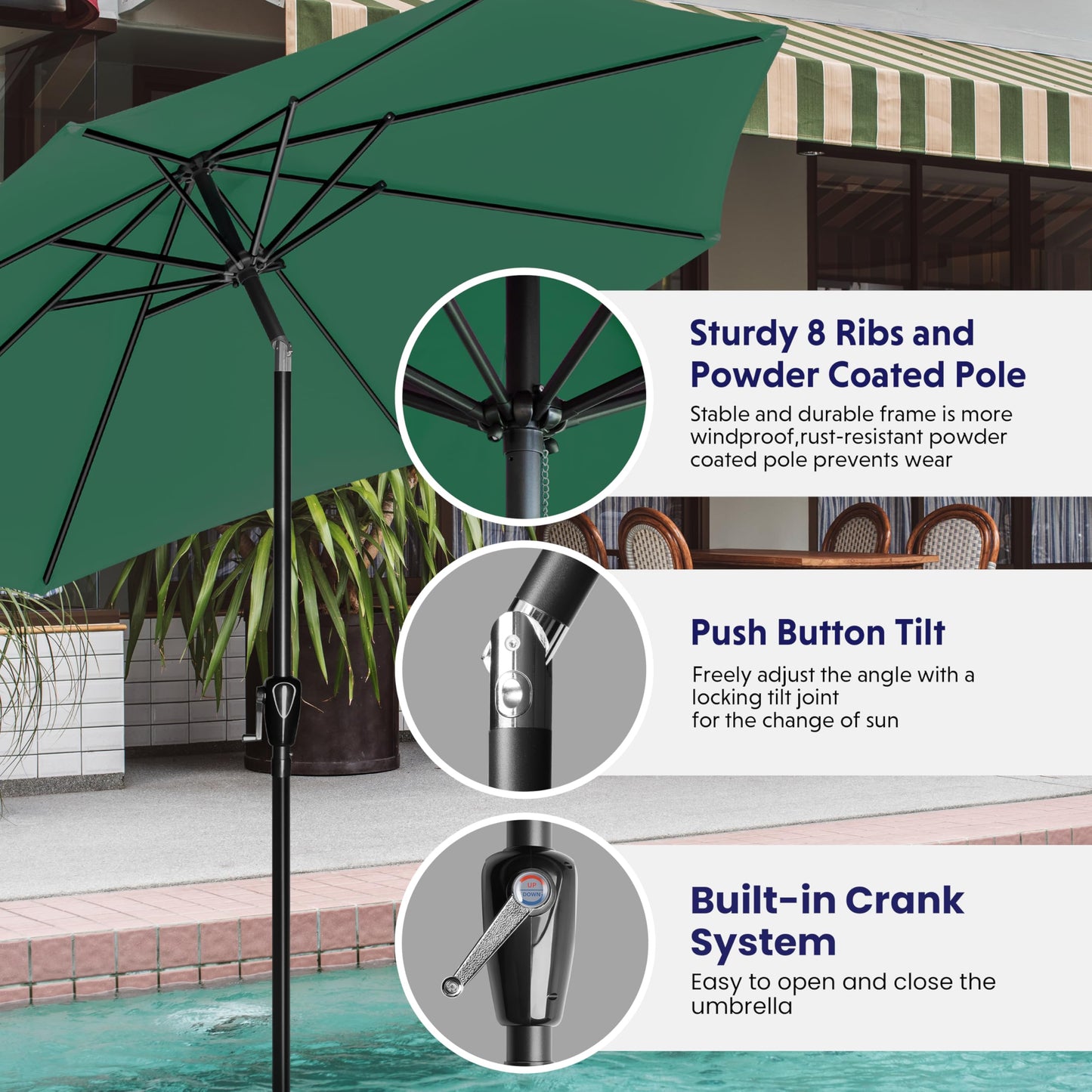 iPower 9ft Patio Umbrella Outdoor Table Umbrellas with 8 Sturdy Ribs, Push Button Tilt and Crank for Yard, Pool and Garden