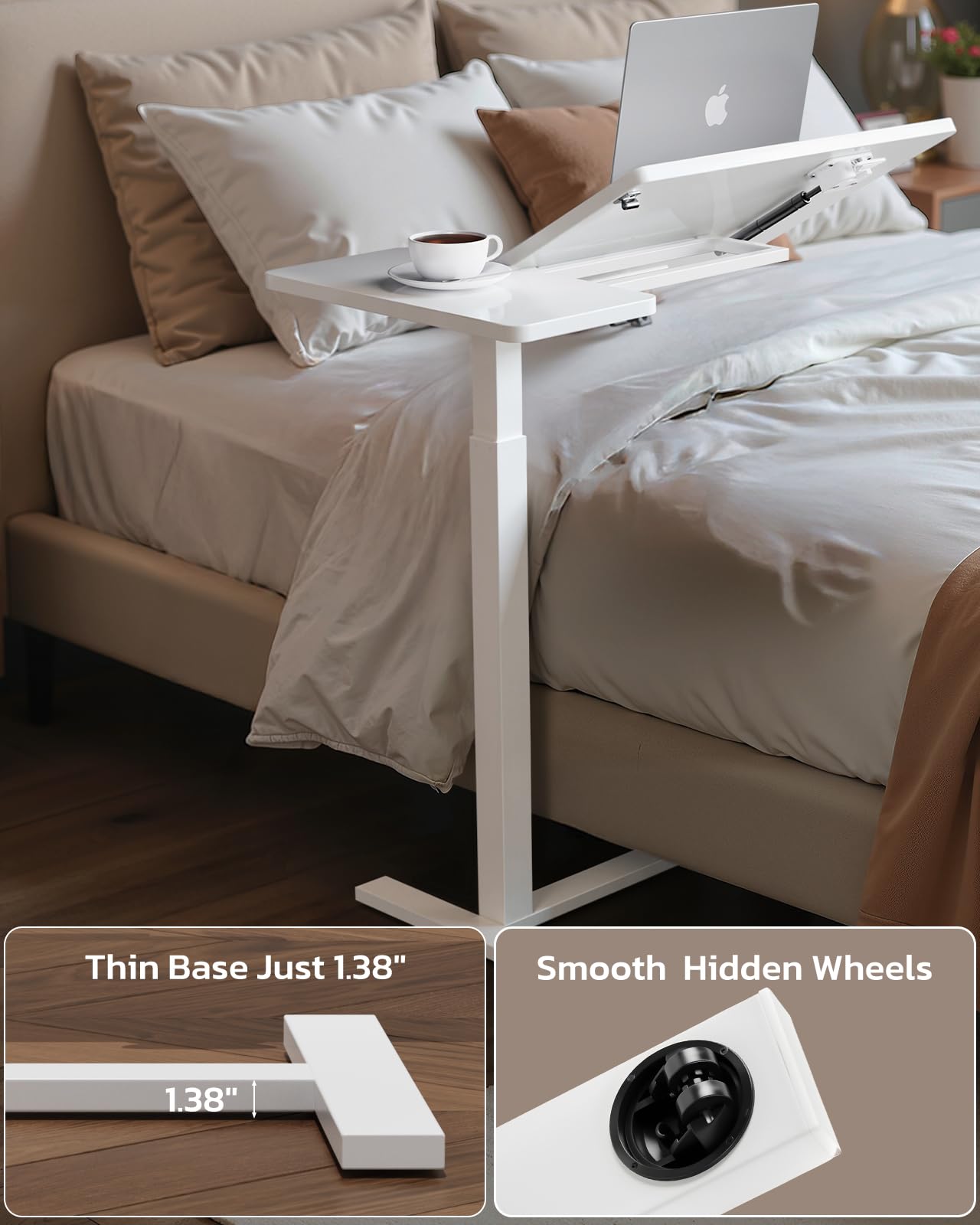Simple Deluxe Adjustable Overbed Bedside Table with Wheels, Rolling Laptop Table, Pneumatic Adjustable Hospital & Home Use Bed Table, Mobile Standing Desk, Brown
