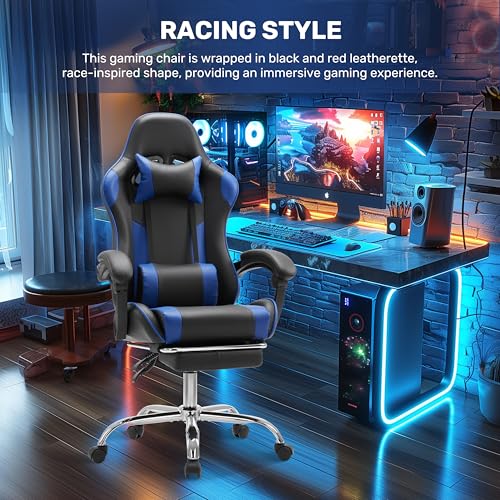 Simple Deluxe Video Gaming Chair with Footrest and Lumbar Support, Ergonomic PU Leather Computer Chair, 360° Swivel - Height Adjustable Game Chair for Office/Gaming(Black Blue)