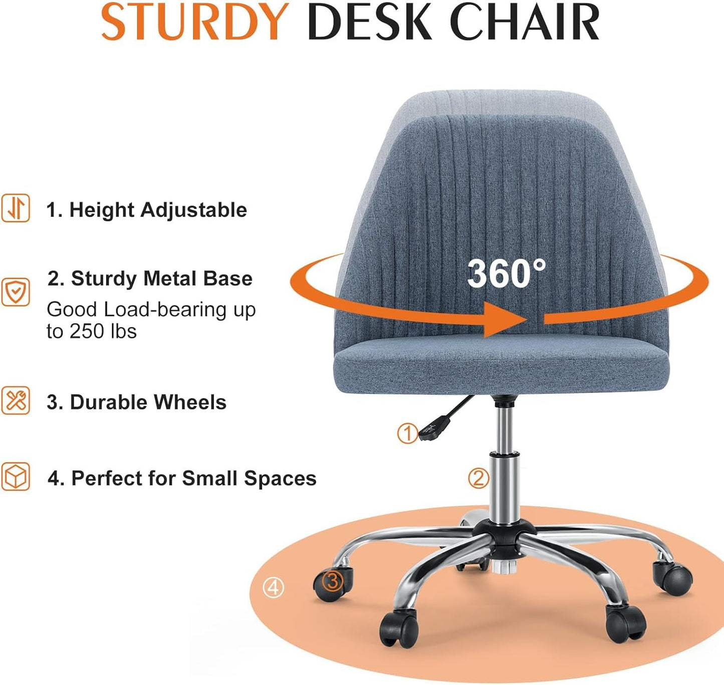 Simple Deluxe Armless Office Desk Chair, Modern Cute Swivel Vanity Chair Comfy Home Office Chairs with Wheels Height Adjustable Rolling Computer Task Stools for Living Room, Make-up, Bedroom