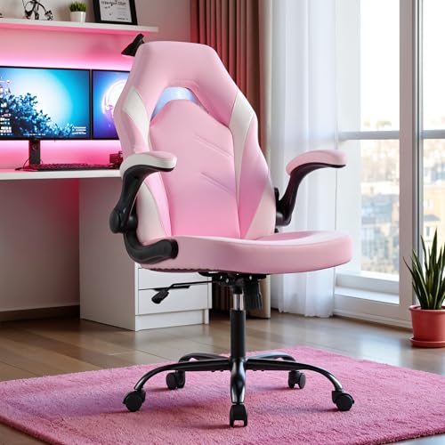 YSSOA Computer Gaming Chair PU Leather Ergonomic Lumbar Support with Flip-up Armrest and 360° Swivel Wheels, Height Adjustable Task Home Office Desk Video Racing