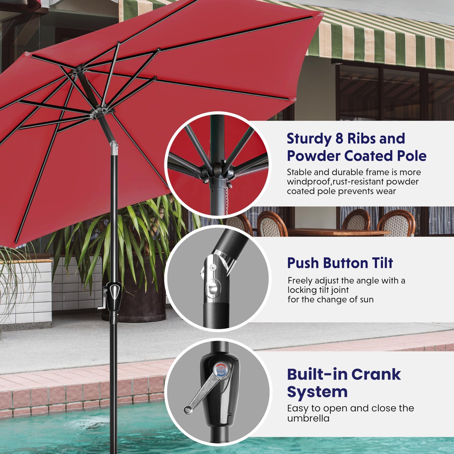 iPower 9ft Patio Umbrella Outdoor Table Umbrellas with 8 Sturdy Ribs, Push Button Tilt and Crank for Yard, Pool and Garden