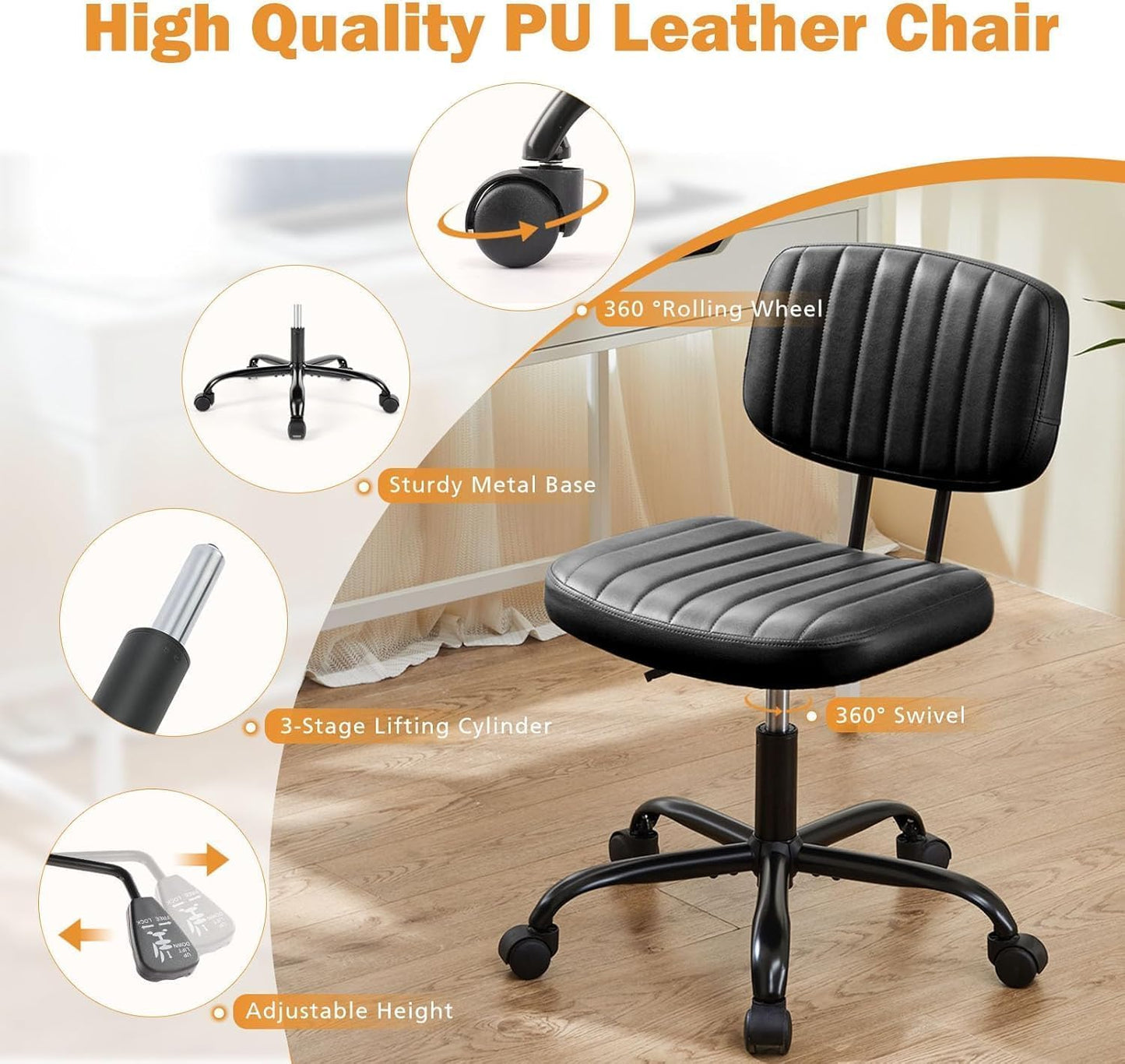 YSSOA Small Desk Chair with Wheels, Armless Office Chair No Arms, Comfy PU Leather Computer Task Chair Swivel Rolling Chairs for Small Space, Home, Adults, Students, Black