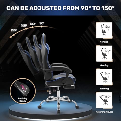 Simple Deluxe Video Gaming Chair with Footrest and Lumbar Support, Ergonomic PU Leather Computer Chair, 360° Swivel - Height Adjustable Game Chair for Office/Gaming(Black Blue)