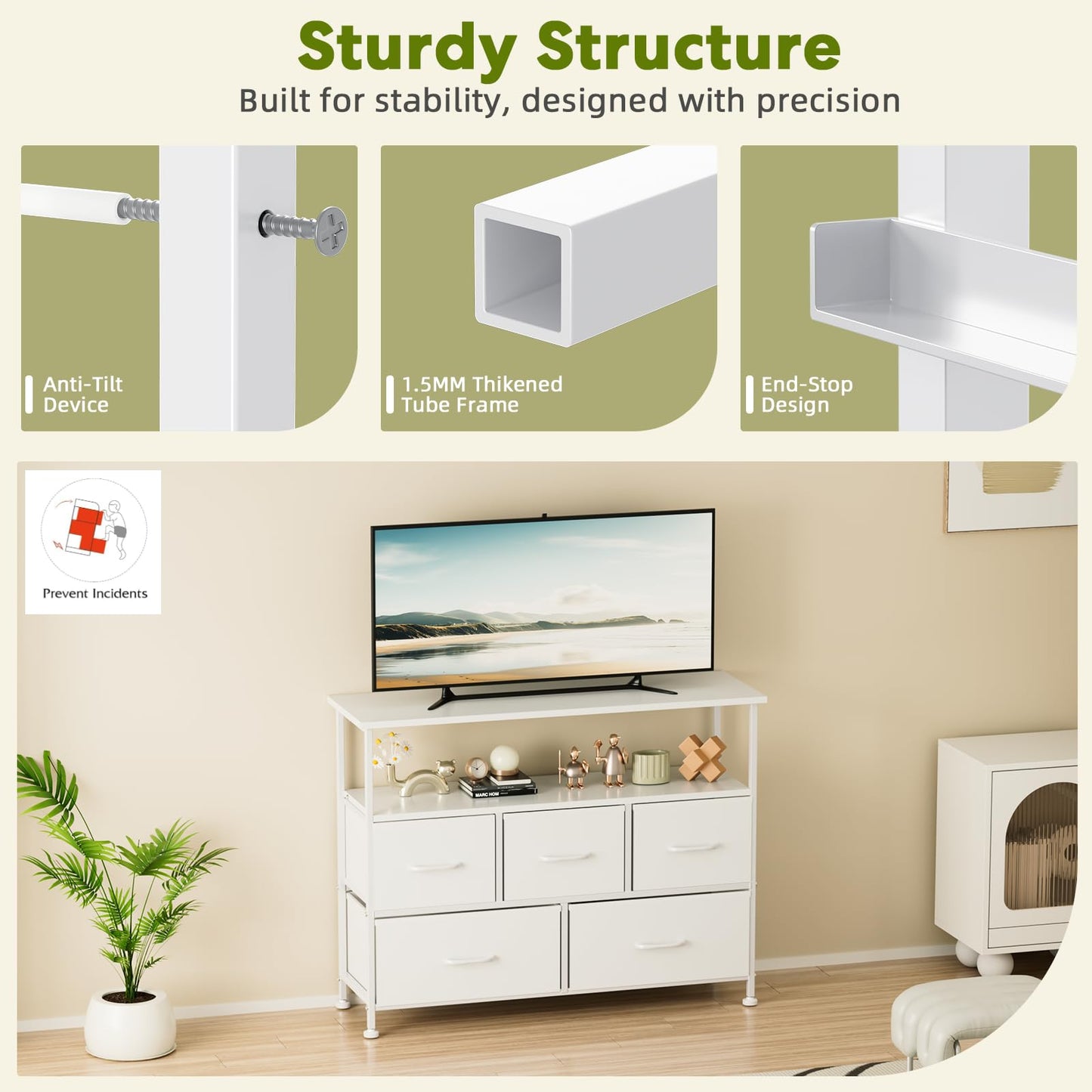 Simple Deluxe TV Stand Dresser for Bedroom Entertainment Center with 5 Fabric Drawers, Storage Organizers Units for Living Room, Media Console Table with Open Shelf up for 45" TV, Wood top