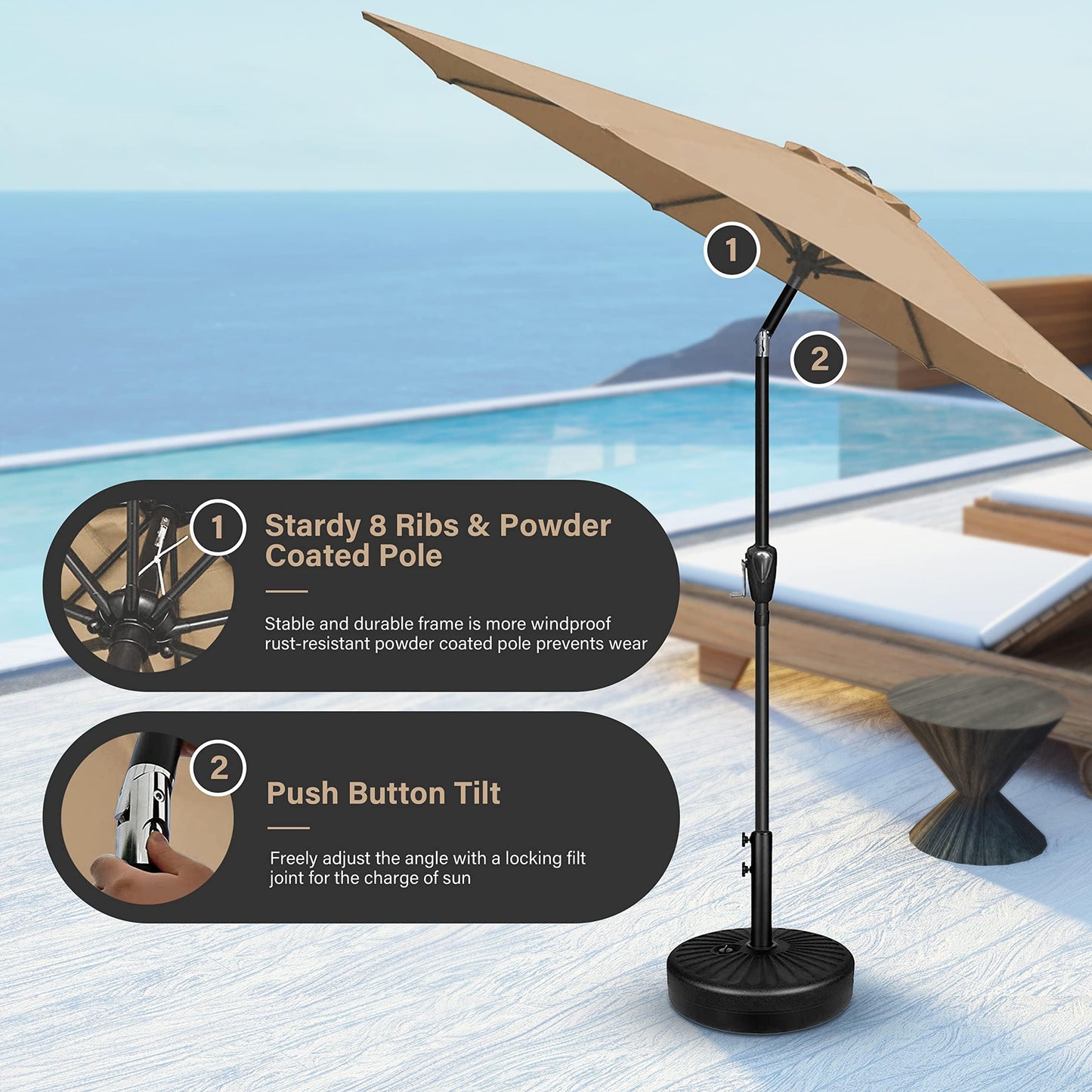 Simple Deluxe Patio Umbrella Outdoor, UV Protection Sunshade with Push Button Tilt/Crank and 8 Sturdy Ribs, for Table Garden Lawn Beach Pool