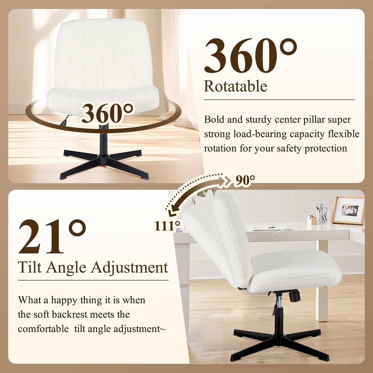 YSSOA Criss Cross Legged Chair with Back Office Desk Chair Fabric No Wheels Comfy Wide Vanity Chair Swivel Armless Height Adjustable Chair Computer Chair for Home
