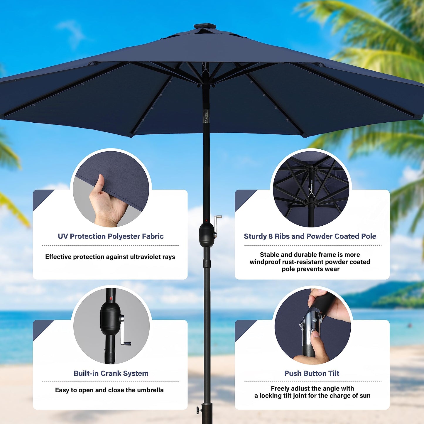 YSSOA 9ft/10ft Outdoor Market Patio Umbrella with 8 Sturdy Ribs, Tilt/Crank Push Button for Garden, Deck, Backyard and Pool