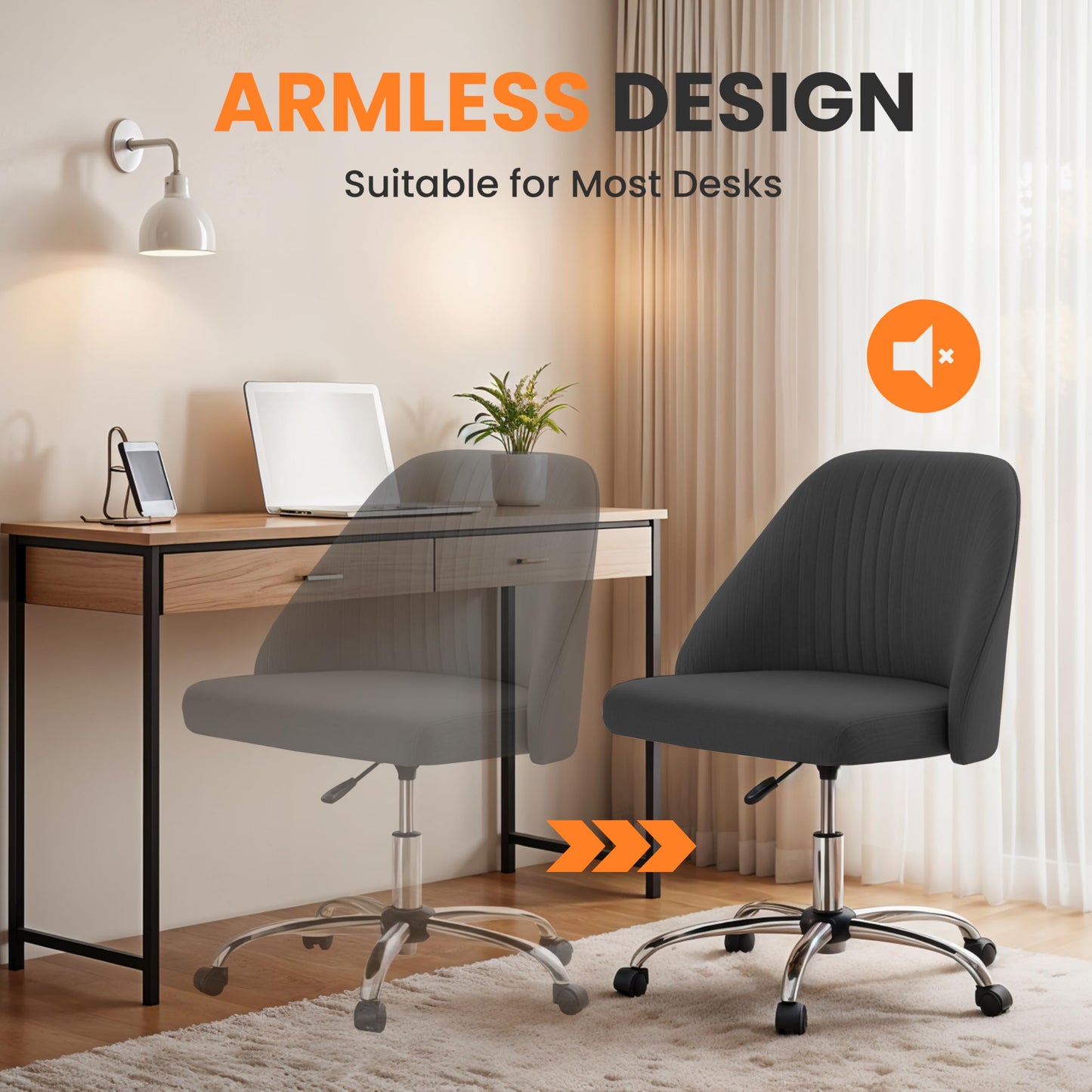 Simple Deluxe Armless Office Desk Chair, Modern Cute Swivel Vanity Chair Comfy Home Office Chairs with Wheels Height Adjustable Rolling Computer Task Stools for Living Room, Make-up, Bedroom