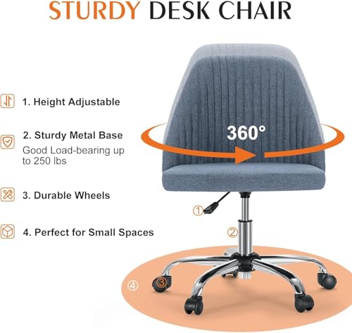 Simple Deluxe Armless Office Desk Chair, Modern Cute Swivel Vanity Chair Comfy Home Office Chairs with Wheels Height Adjustable Rolling Computer Task Stools for Living Room, Make-up, Bedroom