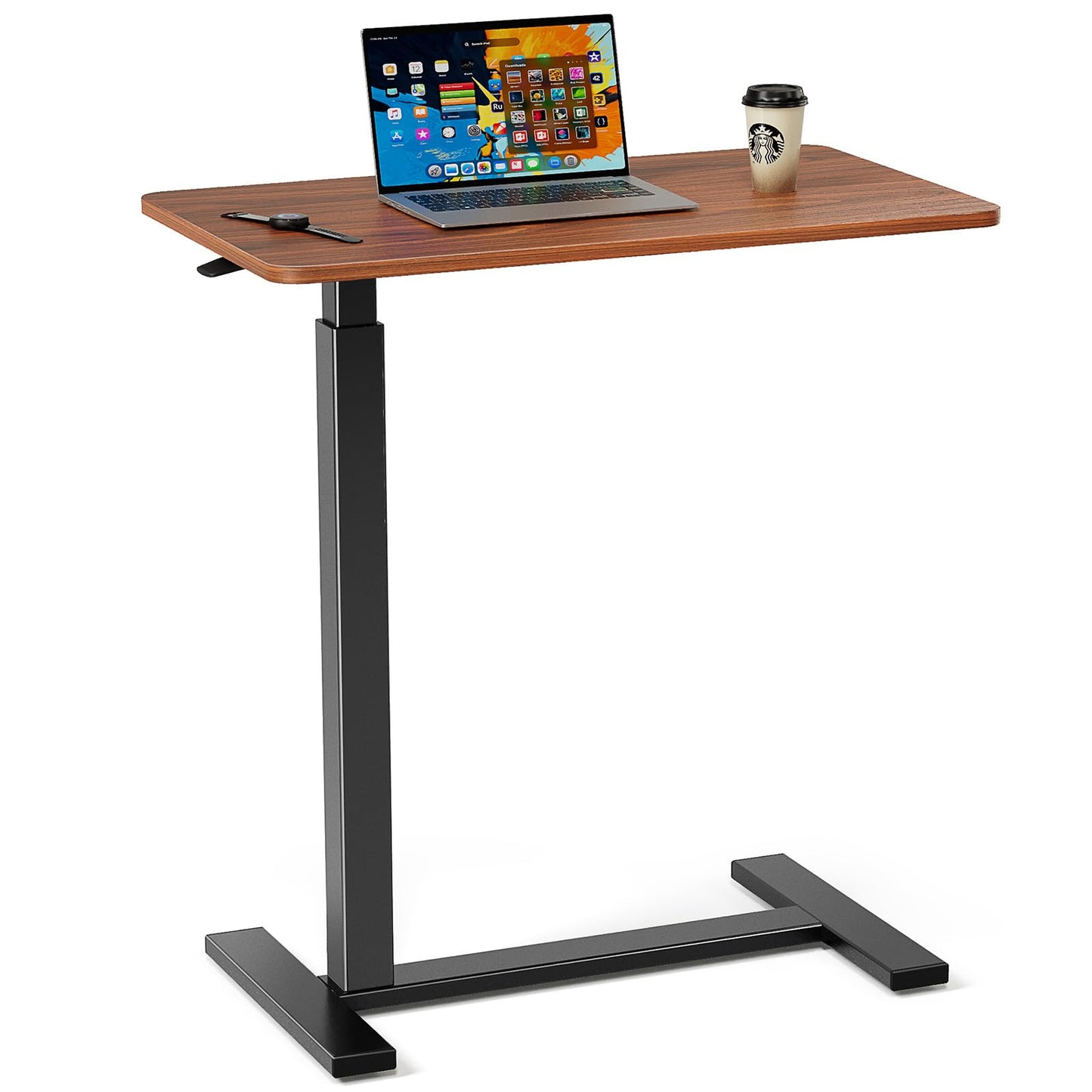 Simple Deluxe Adjustable Overbed Bedside Table with Wheels, Rolling Laptop Table, Pneumatic Adjustable Hospital & Home Use Bed Table, Mobile Standing Desk, Brown