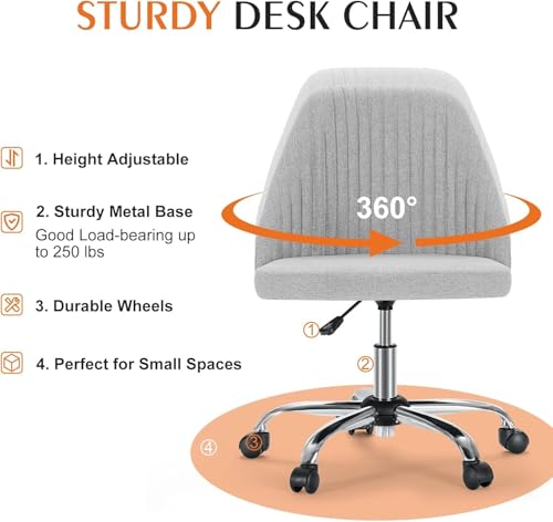 Simple Deluxe Armless Office Desk Chair, Modern Cute Swivel Vanity Chair Comfy Home Office Chairs with Wheels Height Adjustable Rolling Computer Task Stools for Living Room, Make-up, Bedroom