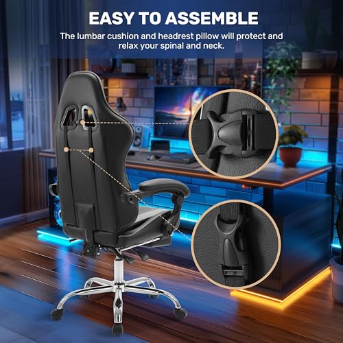 Simple Deluxe Video Gaming Chair with Footrest and Lumbar Support, Ergonomic PU Leather Computer Chair, 360° Swivel - Height Adjustable Game Chair for Office/Gaming(Black/Grey)