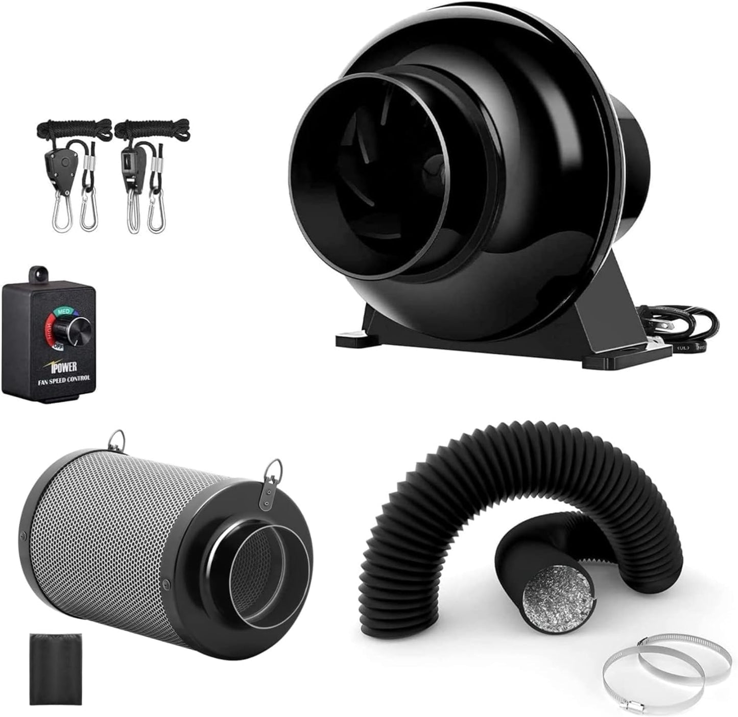 iPower 195 CFM Inline Fan, Upgrade Air Carbon Filter, 8 Feet Ducting Speed Controller Rope Hanger and Temperature Humidity Monitor Kits