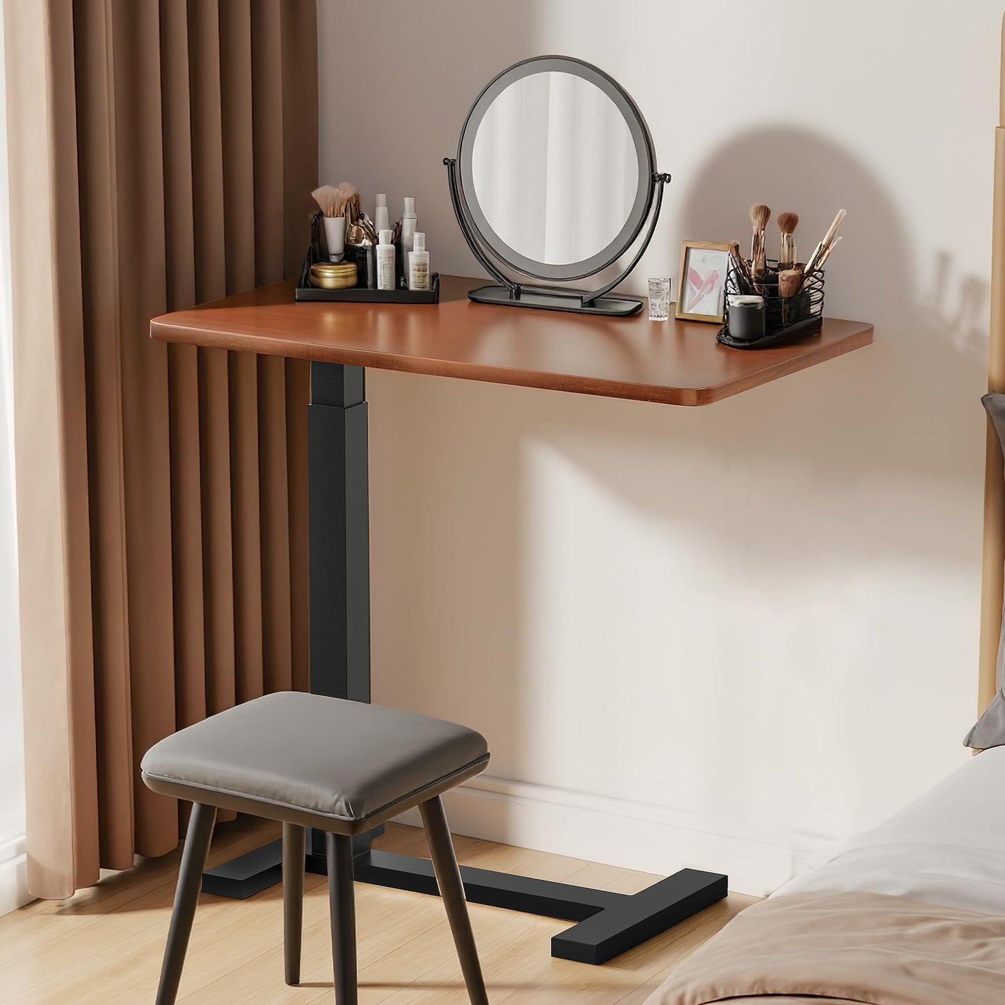 Simple Deluxe Adjustable Overbed Bedside Table with Wheels, Rolling Laptop Table, Pneumatic Adjustable Hospital & Home Use Bed Table, Mobile Standing Desk, Brown