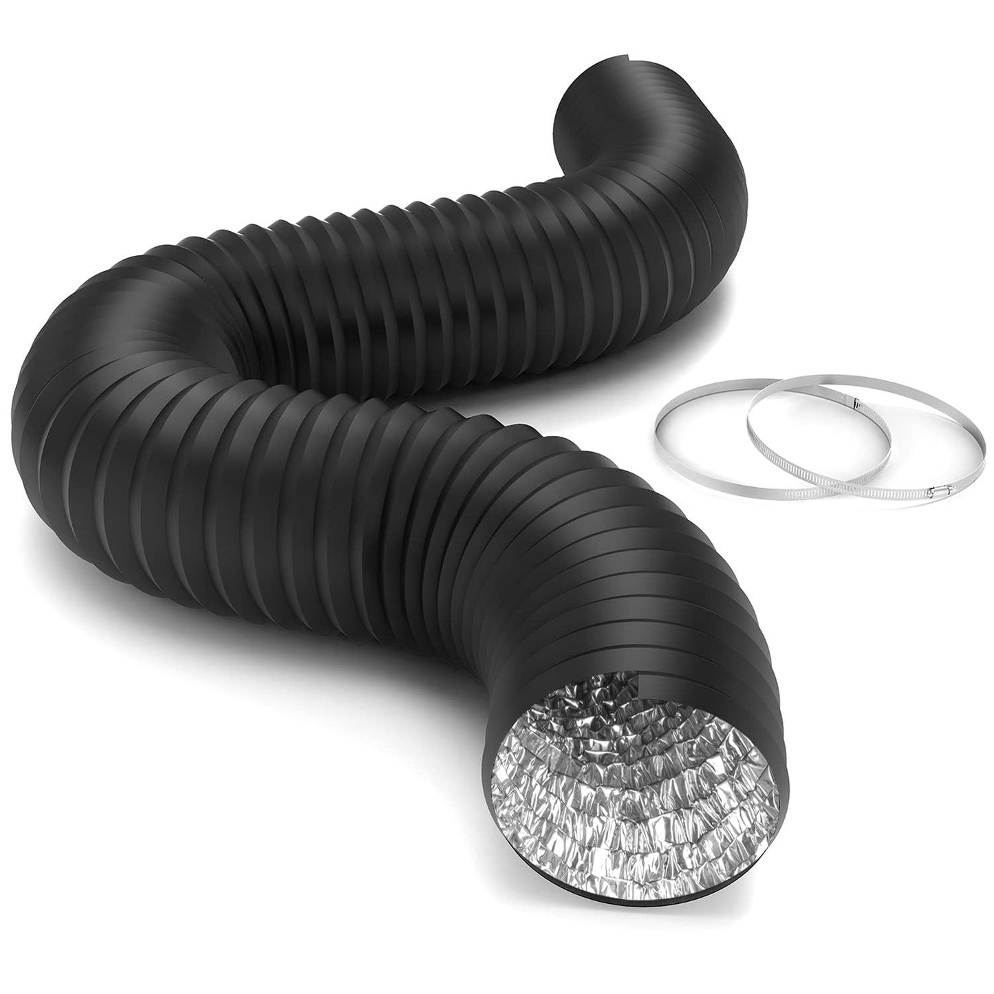 iPower Flexible 6 Inch 8 Feet Aluminum Ducting 4 Layer Protection Dryer Vent Hose for HVAC Heating Cooling Exhaust and Ventilation, 2 Clamps Included, Black