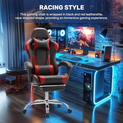 Simple Deluxe Video Gaming Chair with Footrest and Lumbar Support, Ergonomic PU Leather Computer Chair, 360° Swivel - Height Adjustable Game Chair for Office/Gaming(Black Red)