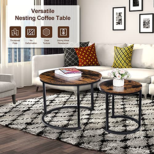 YSSOA Nesting Set of 2 for Living Room Balcony Office, Round Wood Accent Side Coffee Tables with Sturdy Metal Frame, Easy Assembly, Rustic Brown