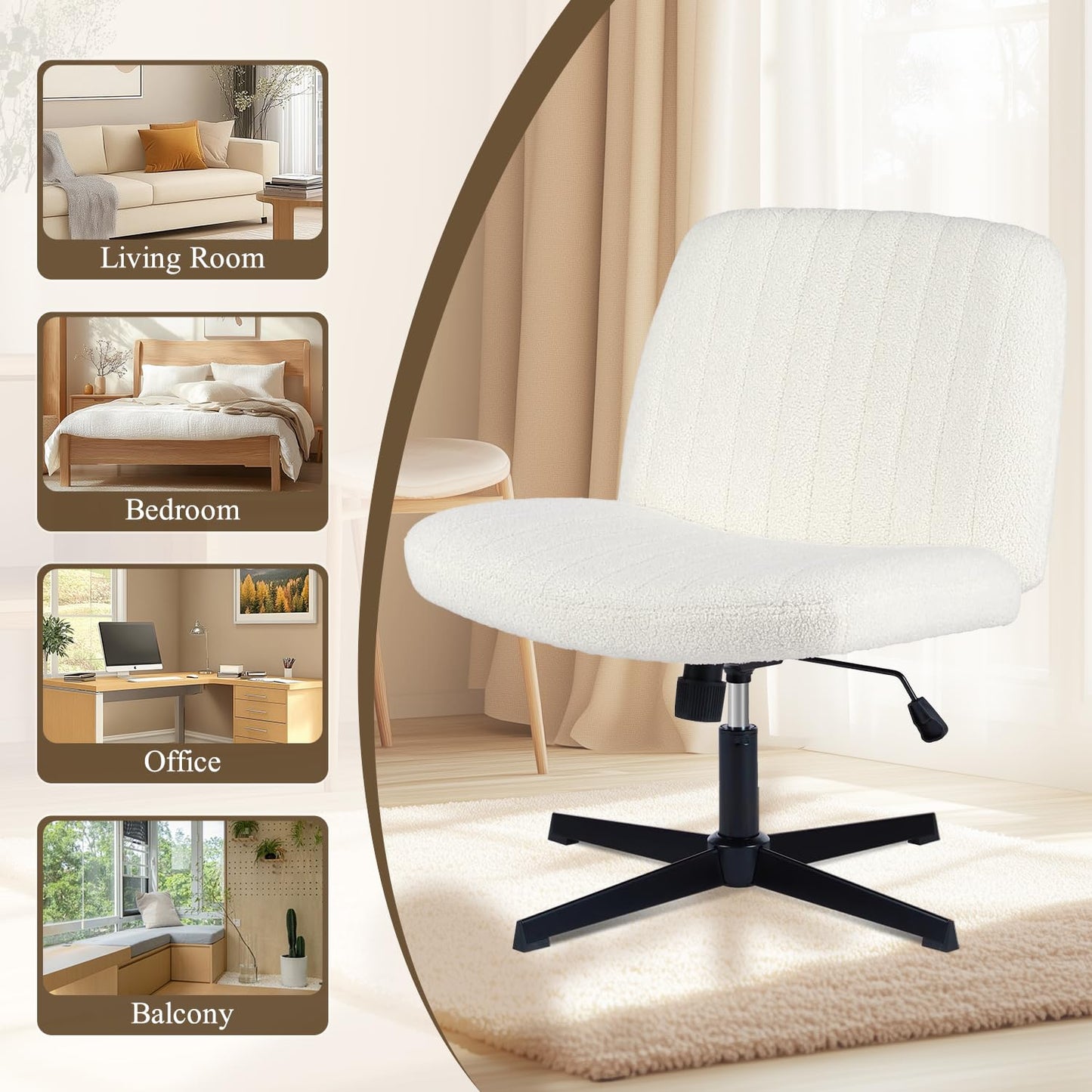 YSSOA Criss Cross Legged Chair with Back Office Desk Chair Fabric No Wheels Comfy Wide Vanity Chair Swivel Armless Height Adjustable Chair Computer Chair for Home