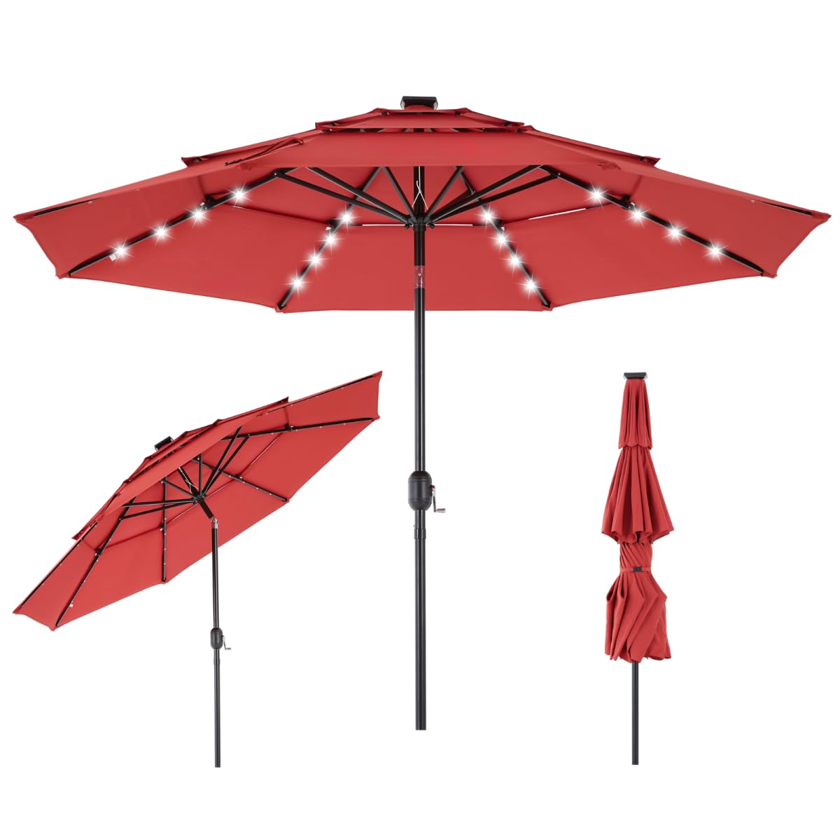 Simple Deluxe 10' 3-Tiers Solar Patio Umbrella 32 LED Lighted Table Market Umbrellas with Push Button Tilt/Crank Outdoor Umbrella for Garden, Deck, Backyard and Pool
