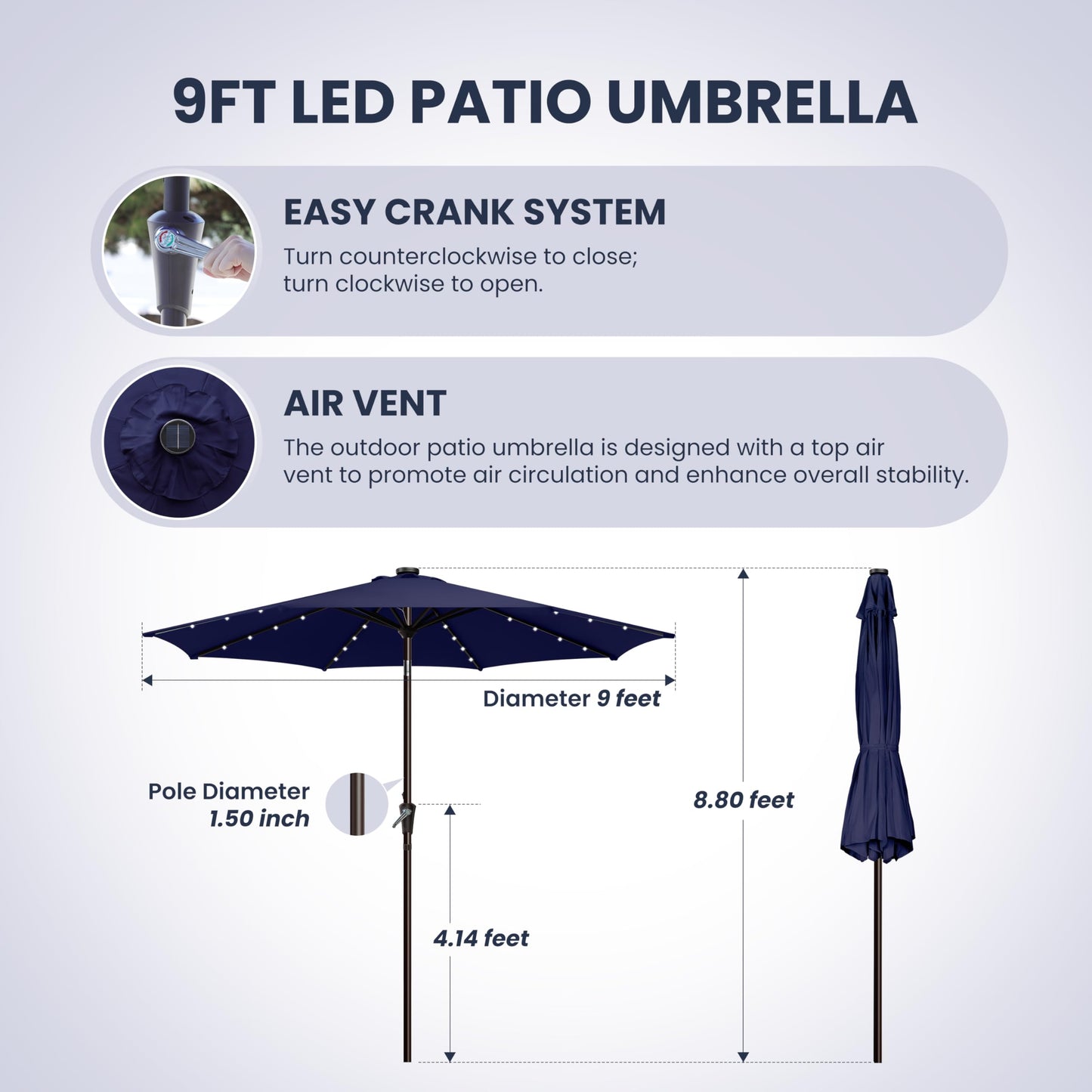 Simple Deluxe 9' Solar Patio Umbrella 32 LED Lighted Table Market Umbrellas with Push Button Tilt/Crank Outdoor Umbrella for Garden, Deck, Backyard and Pool