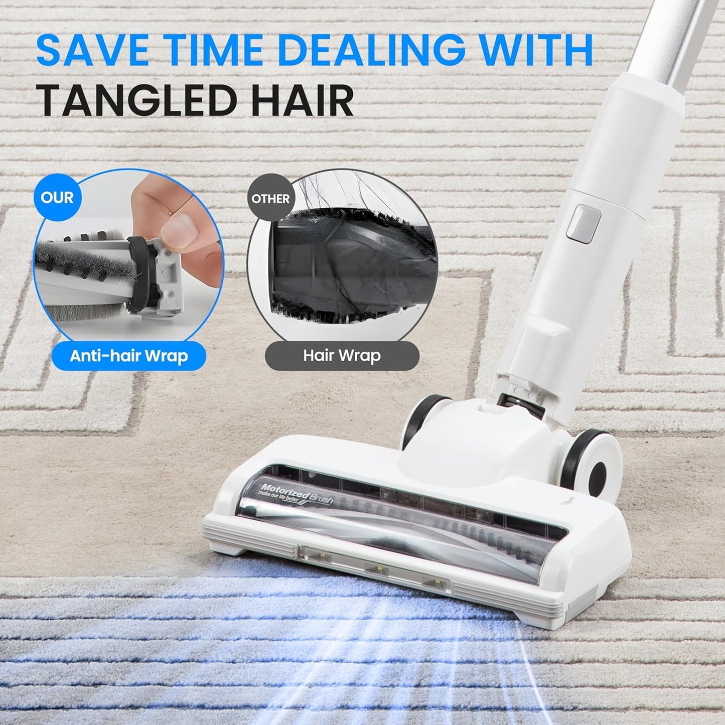 Simple Deluxe Cordless Vacuum Lightweight Cleaner, Stick Vac with LED, 45 Mins Runtime, Electric Rechargeable Powerful Suction for Pet Hair, Hard Floor, Tile, White