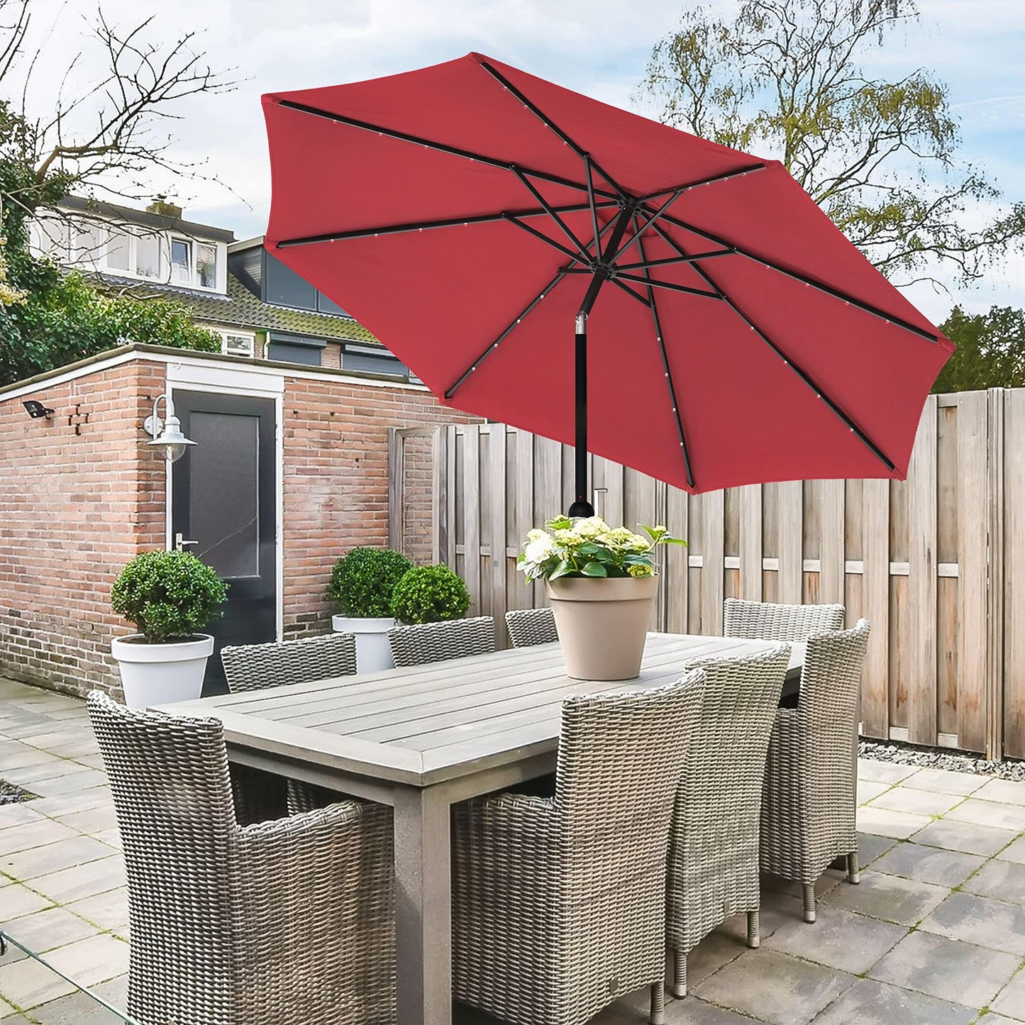 Simple Deluxe 9' Solar Umbrella 32 LED Lighted Patio Umbrella Table Market Umbrella for Garden, Deck, Backyard and Pool