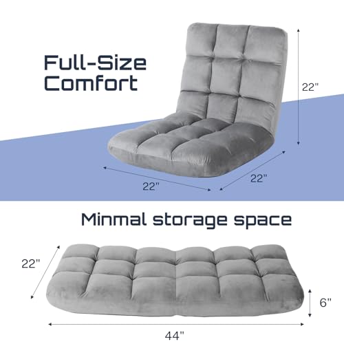 YSSOA Floor Chair with Back Support Meditation Chair, Folding Sofa Seat with 14 Adjustable Position, Flame Retardant Sponge Padded Sleeper Bed Suit for Gaming Working Yoga for Adults Kids, Grey