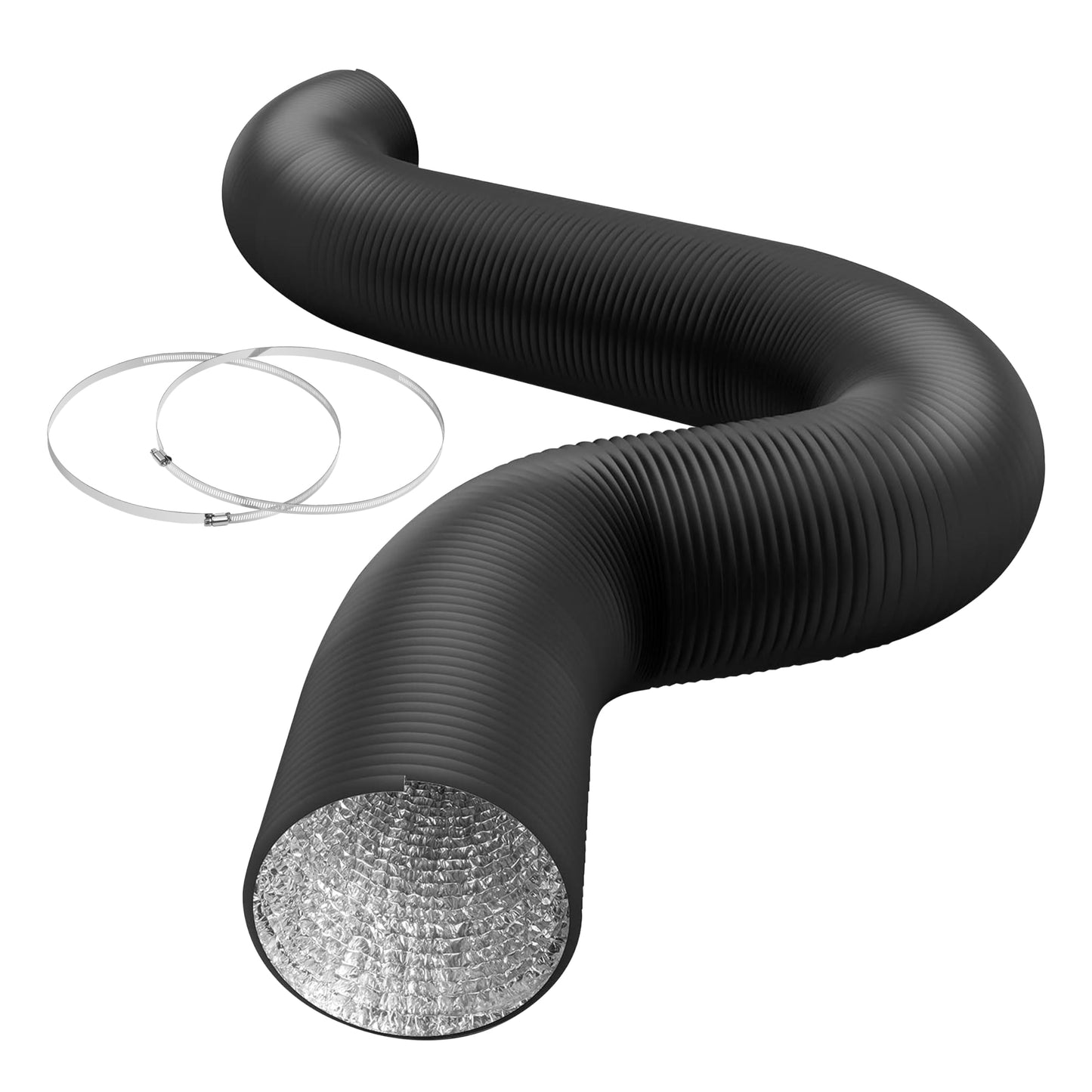 iPower Flexible 6 Inch 8 Feet Aluminum Ducting 4 Layer Protection Dryer Vent Hose for HVAC Heating Cooling Exhaust and Ventilation, 2 Clamps Included, Black