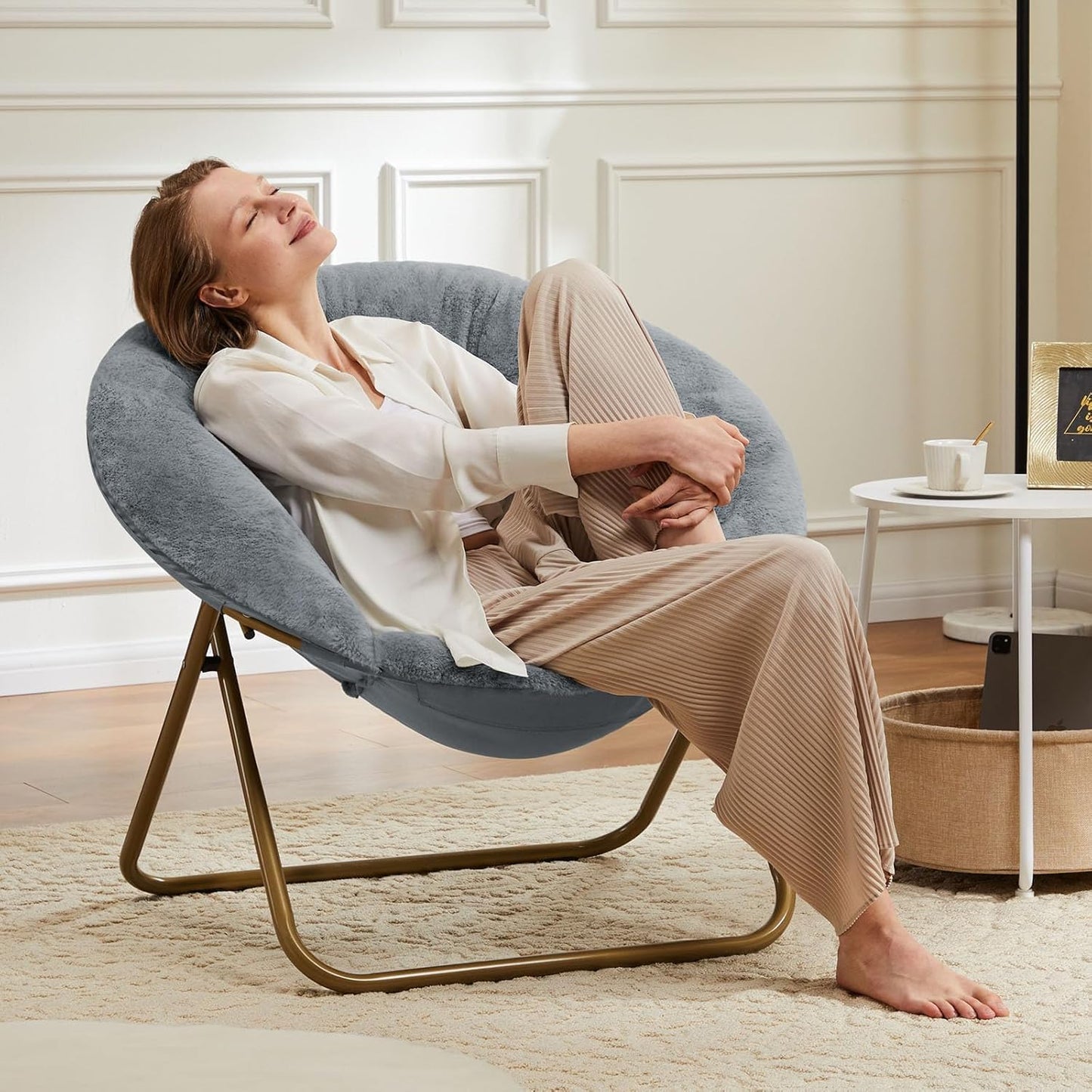 YSSOA Faux Fur Saucer Chair Comfy Lounge Chair for Bedroom Living Room, Folding Chair Upholstered Dorm Chair Papasan Chair Cozy Flexible Reading Chair for Adults Teens Kids