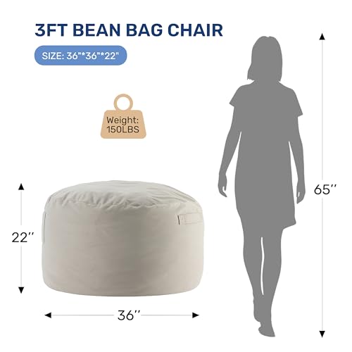 InfiniPower 3FT Bean Bag Chair, Comfy Beanbag Chairs for Adults with Memory Foam Filled, Lazy Sofa for Living Room Bedroom, Machine Washable Cover