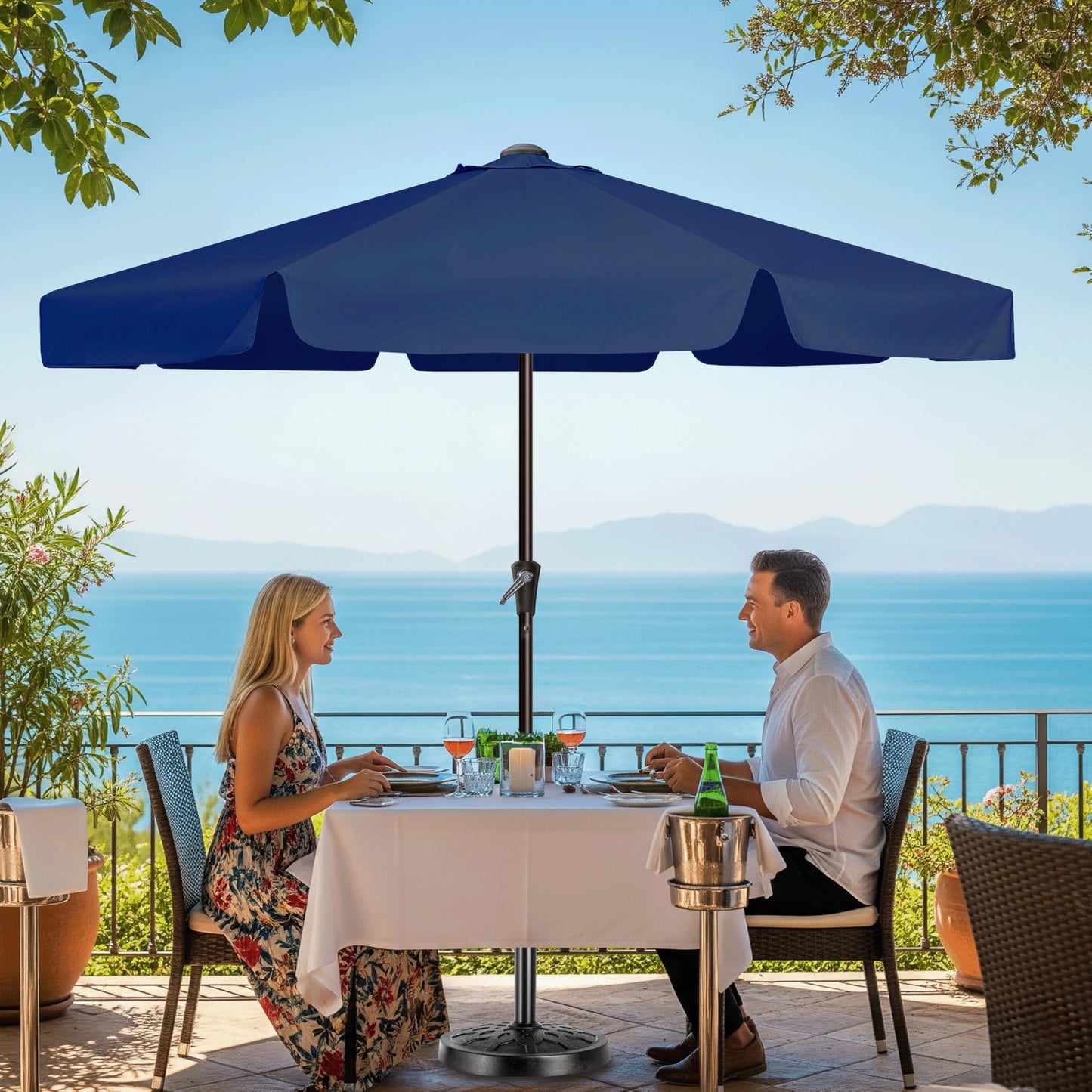 Simple Deluxe 9' Patio Umbrella with Wind-Floating Valances, Push Button Tilt & Crank Lift, UV Protection Sunshade for Table, Garden, Pool, Beach