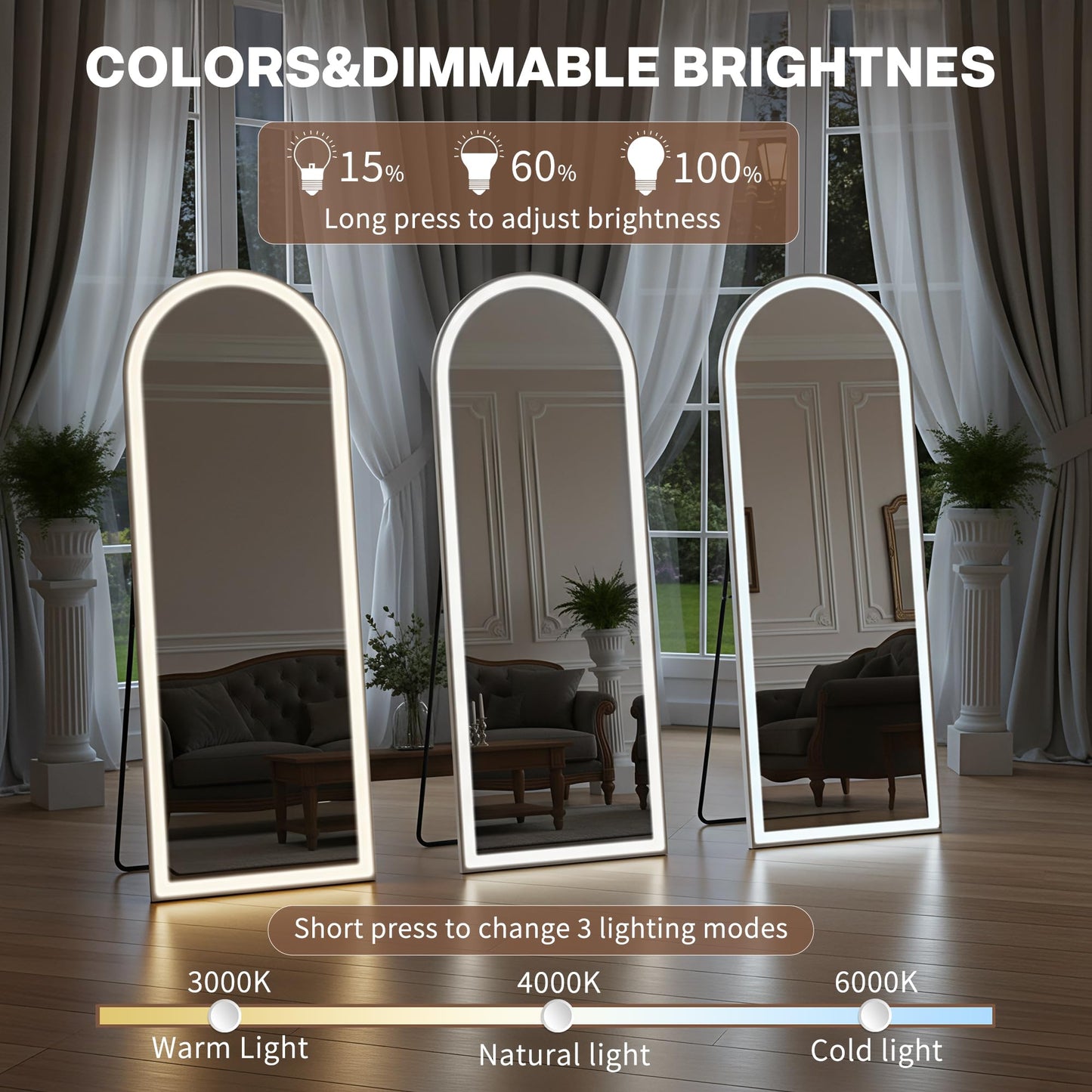 Full Length Mirror with LED Lights, Floor Mirror with Dimming & 3 Color Lighting, Free Standing Floor Mirrors