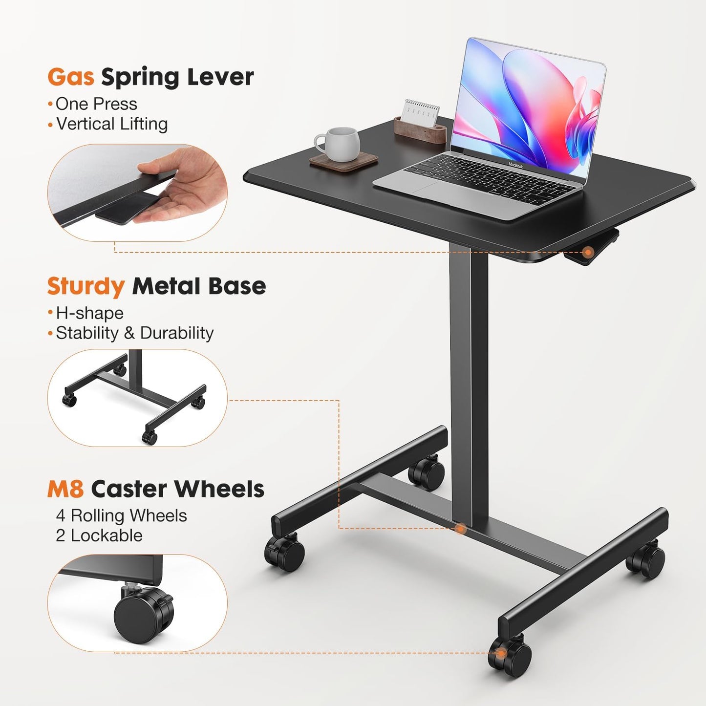 YSSOA Mobile Small Standing Desk - Rolling Desk with Adjustable Height and Lockable Wheels, Sit-Stand Laptop Table, Portable Computer Workstation