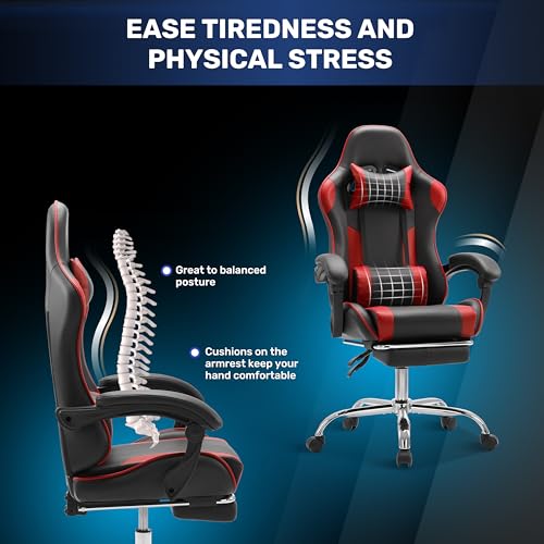 Simple Deluxe Video Gaming Chair with Footrest and Lumbar Support, Ergonomic PU Leather Computer Chair, 360° Swivel - Height Adjustable Game Chair for Office/Gaming(Black Red)
