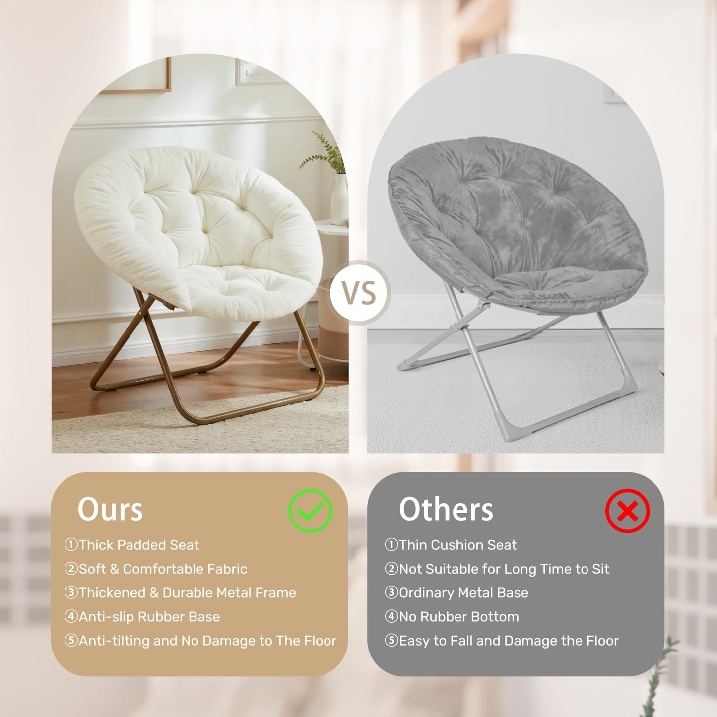YSSOA Saucer Chair, Comfy Faux Fur Chair for Bedroom, Saucer Chairs for Adults, Teens, Round Shaped Moon Chair with Foldable Metal Frame