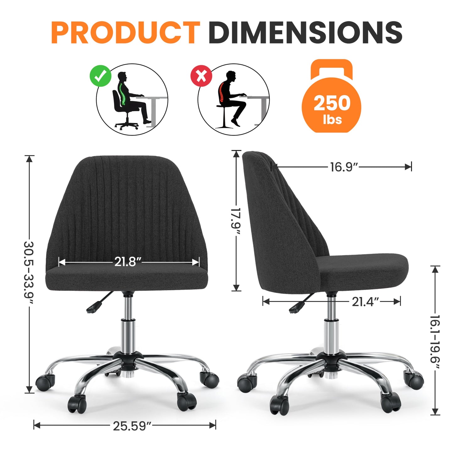 Simple Deluxe Armless Office Desk Chair, Modern Cute Swivel Vanity Chair Comfy Home Office Chairs with Wheels Height Adjustable Rolling Computer Task Stools for Living Room, Make-up, Bedroom