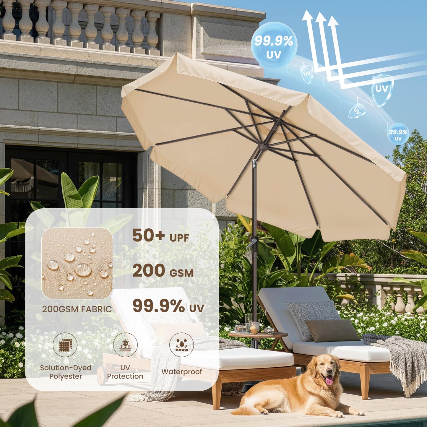 Simple Deluxe 9' Patio Umbrella with Wind-Floating Valances, Push Button Tilt & Crank Lift, UV Protection Sunshade for Table, Garden, Pool, Beach