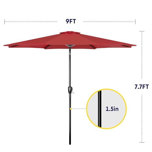 iPower 9ft Patio Umbrella Outdoor Table Umbrellas with 8 Sturdy Ribs, Push Button Tilt and Crank for Yard, Pool and Garden, Red-New