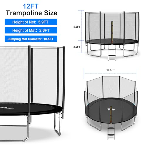 Simple Deluxe Trampoline for Kids with Safety Enclosure Net Wind Stakes 12FT Simple Deluxe 400LBS Weight Capacity Outdoor Backyards Trampolines with Non-Slip Ladder for Children Adults Family, Black