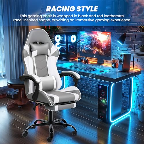 Simple Deluxe Gaming Chair, High Back Office Computer Desk Chair, Recliner Swivel Video Game Chair with Footrest, Adjustable Lumbar Support，Height Adjustable Seat and Backrest