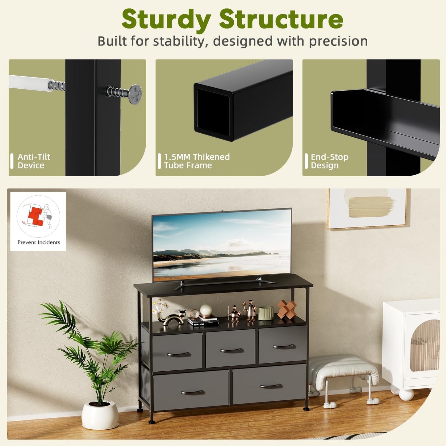 Simple Deluxe TV Stand Dresser for Bedroom Entertainment Center with 5 Fabric Drawers, Storage Organizers Units for Living Room, Media Console Table with Open Shelf up for 45" TV, Wood top