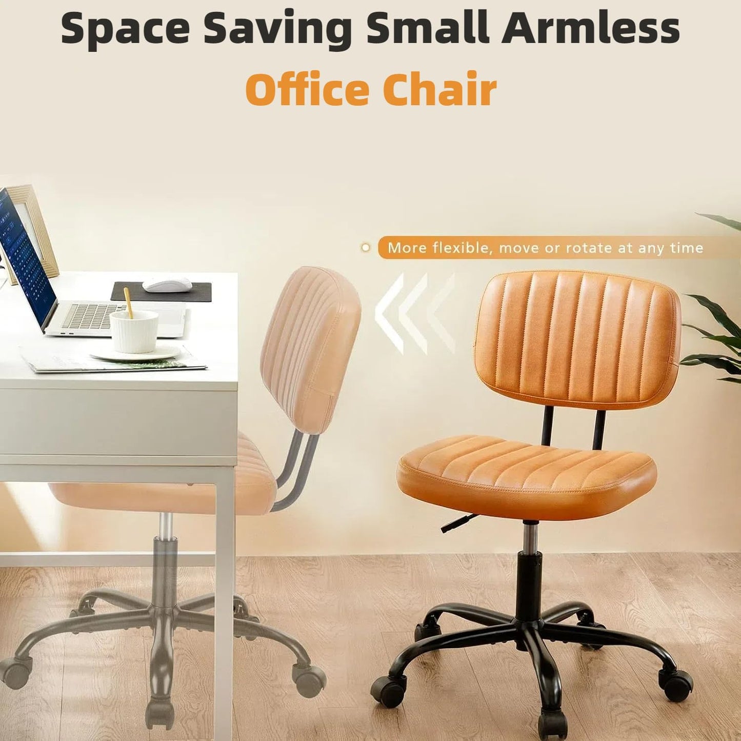 HealSmart Small Office Desk Chair with Wheels, Armless Desk Chair with Lumbar Support, PU Leather Low Back Adjustable Height 360° Rolling Swivel Task Chair Without Arm for Home, Bedroom,Office