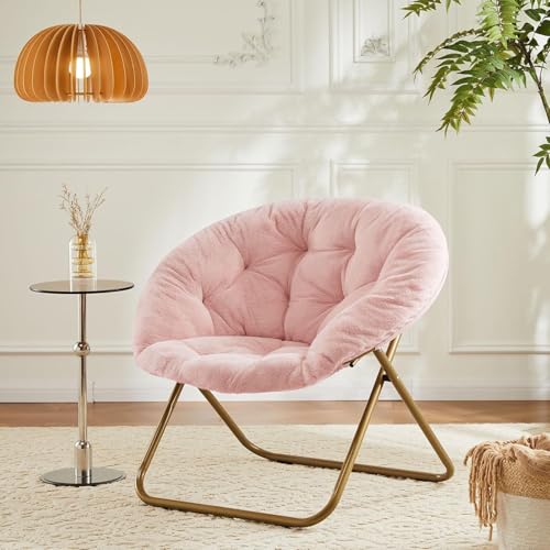 YSSOA Faux Fur Saucer Chair Comfy Lounge Chair for Bedroom Living Room, Folding Chair Upholstered Dorm Chair Papasan Chair Cozy Flexible Reading Chair for Adults Teens Kids